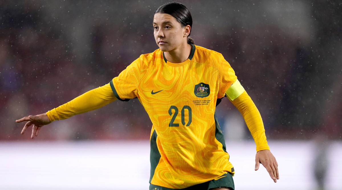 Sam Kerr of the Australian women's national team watches a play.
